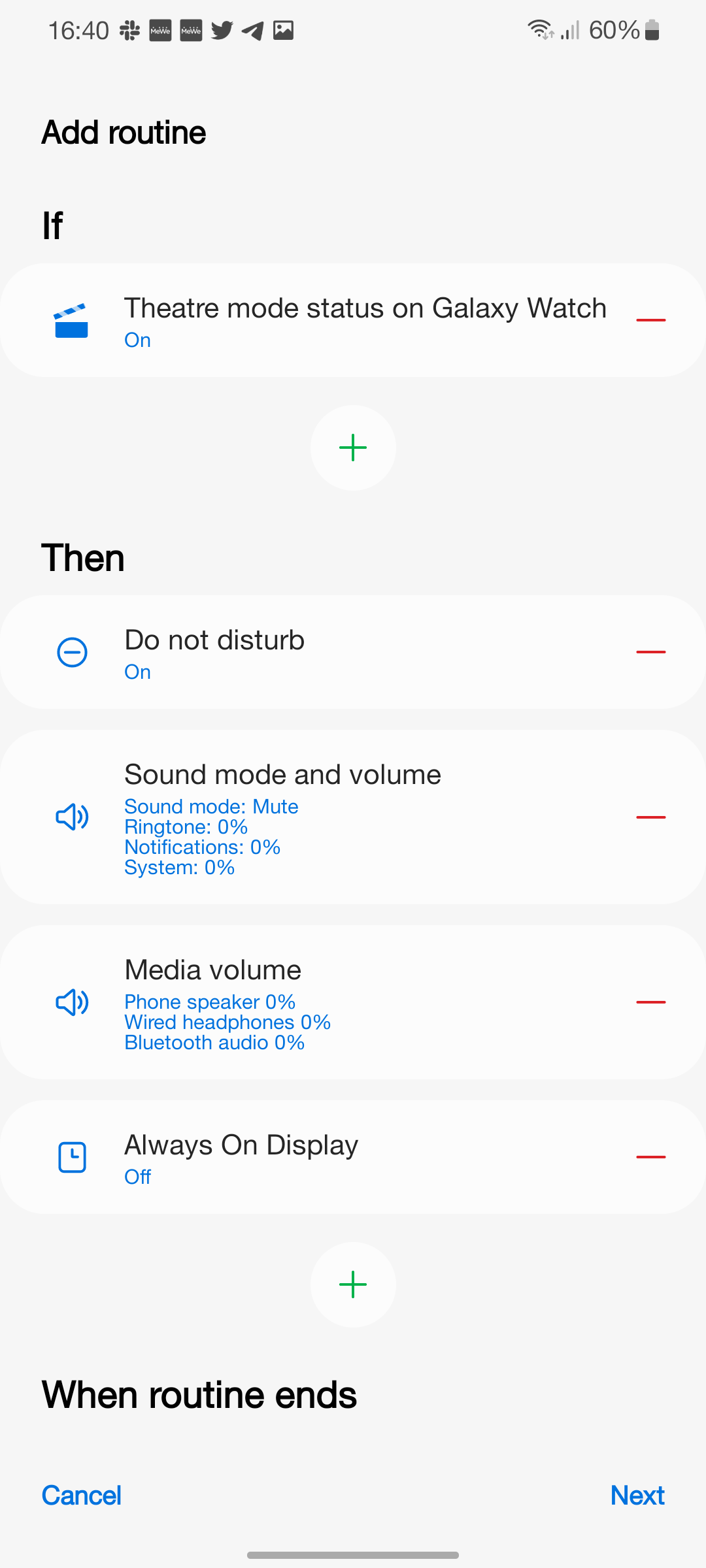 Screenshot showing a completed Bixby routine for automating theatre settings with Samsung watch