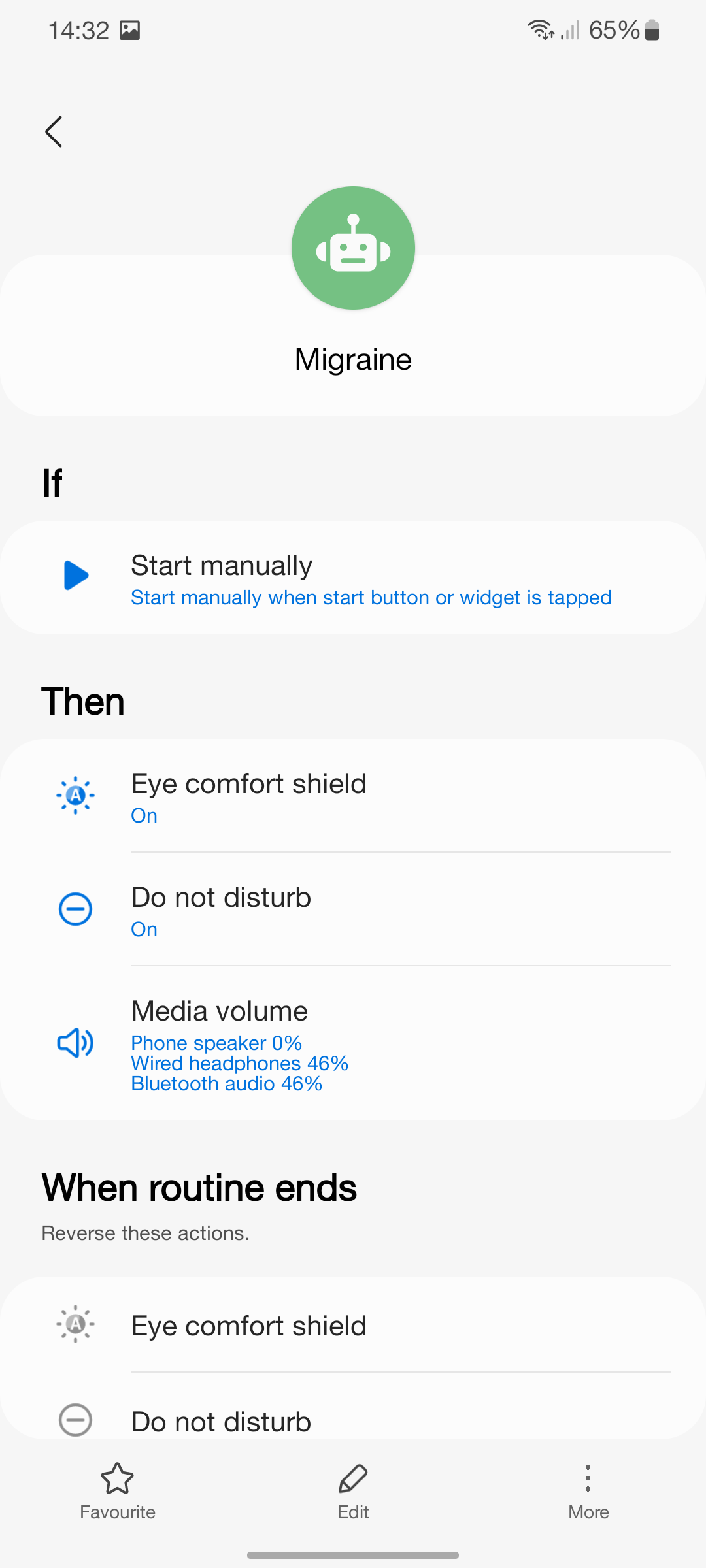 Screenshot of settings for a migraine related Bixby routine 