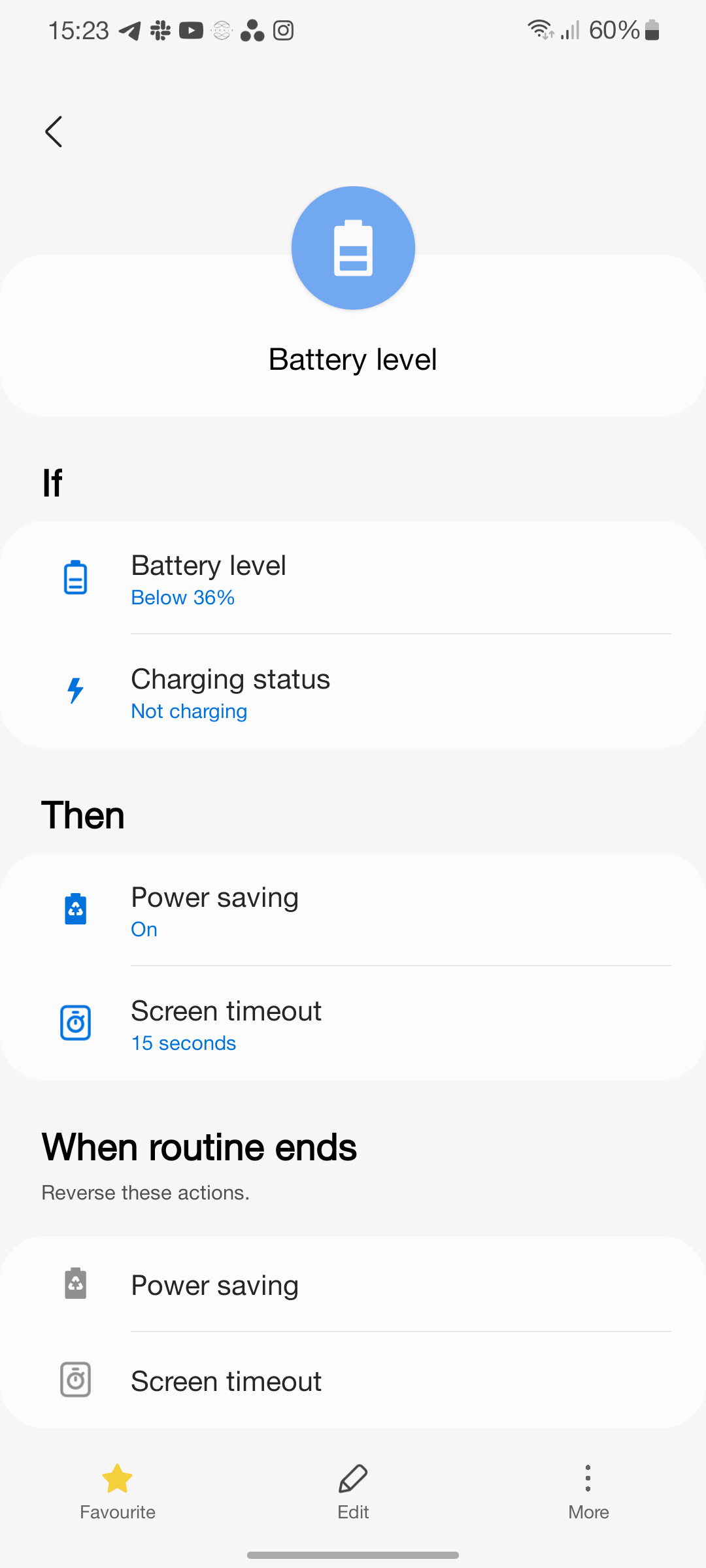 Screenshot showing Bixby routines triggered by battery level