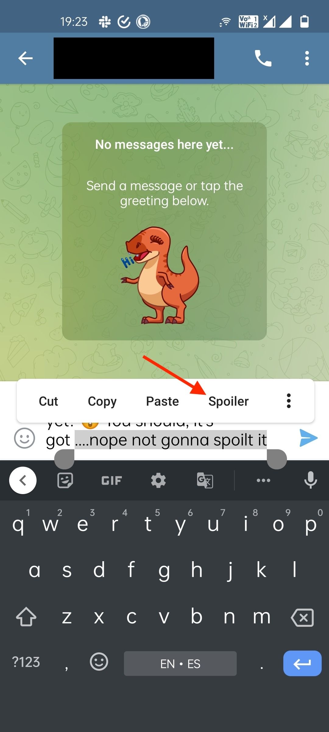 Telegram chat window with some text selected and the Spoiler setting highlighted