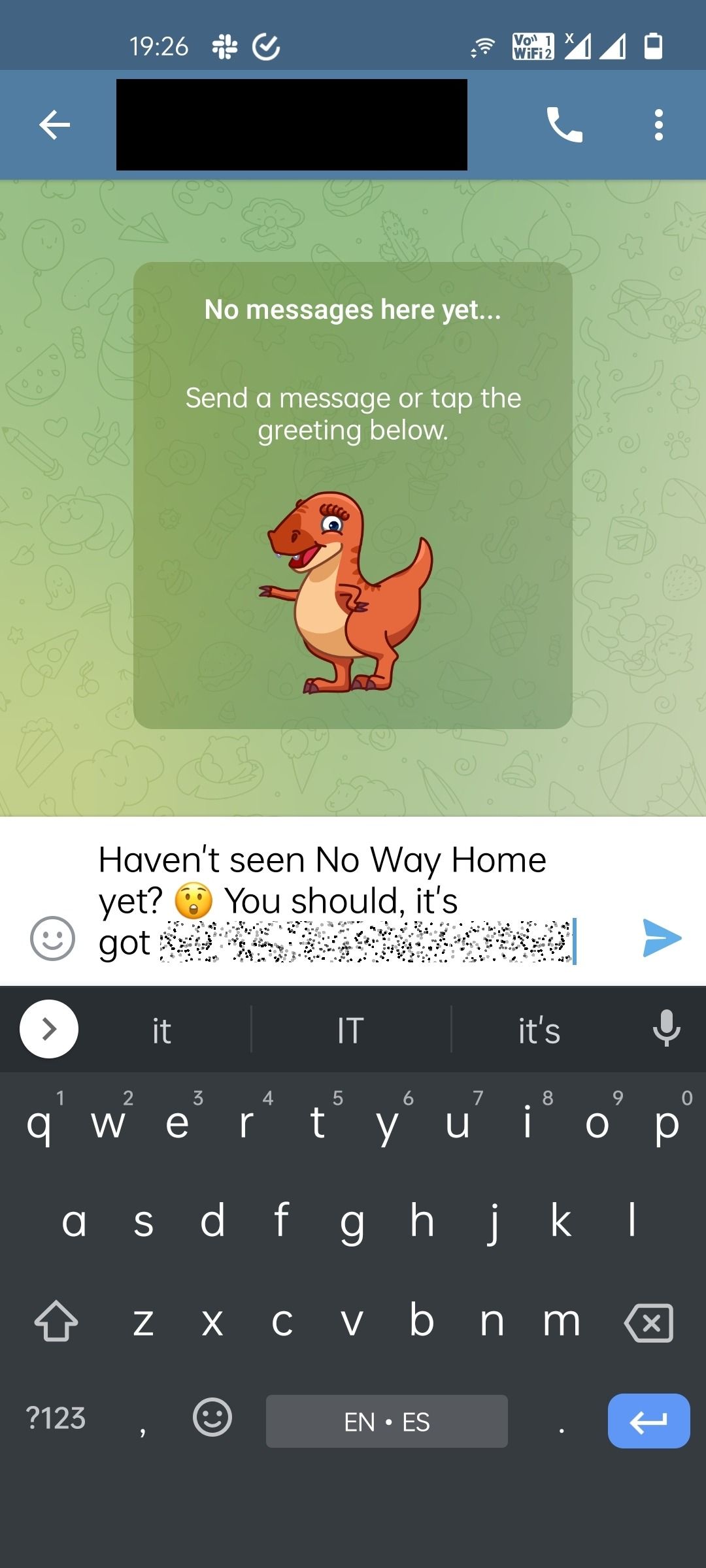 Telegram chat window with some text redacted with the spoiler styling feature
