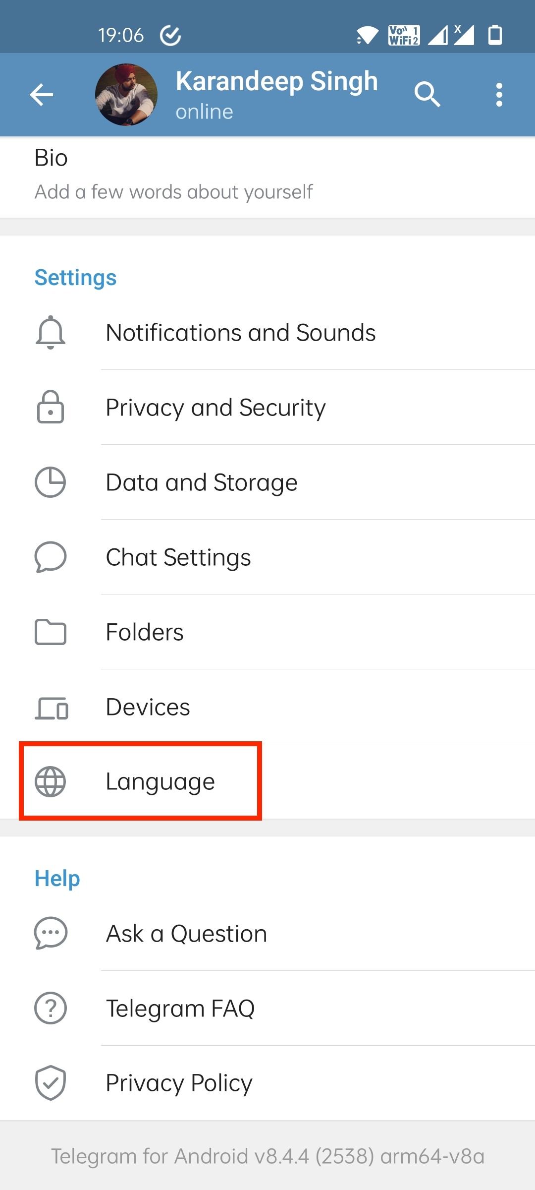 Opsi pengaturan bahasa Telegram