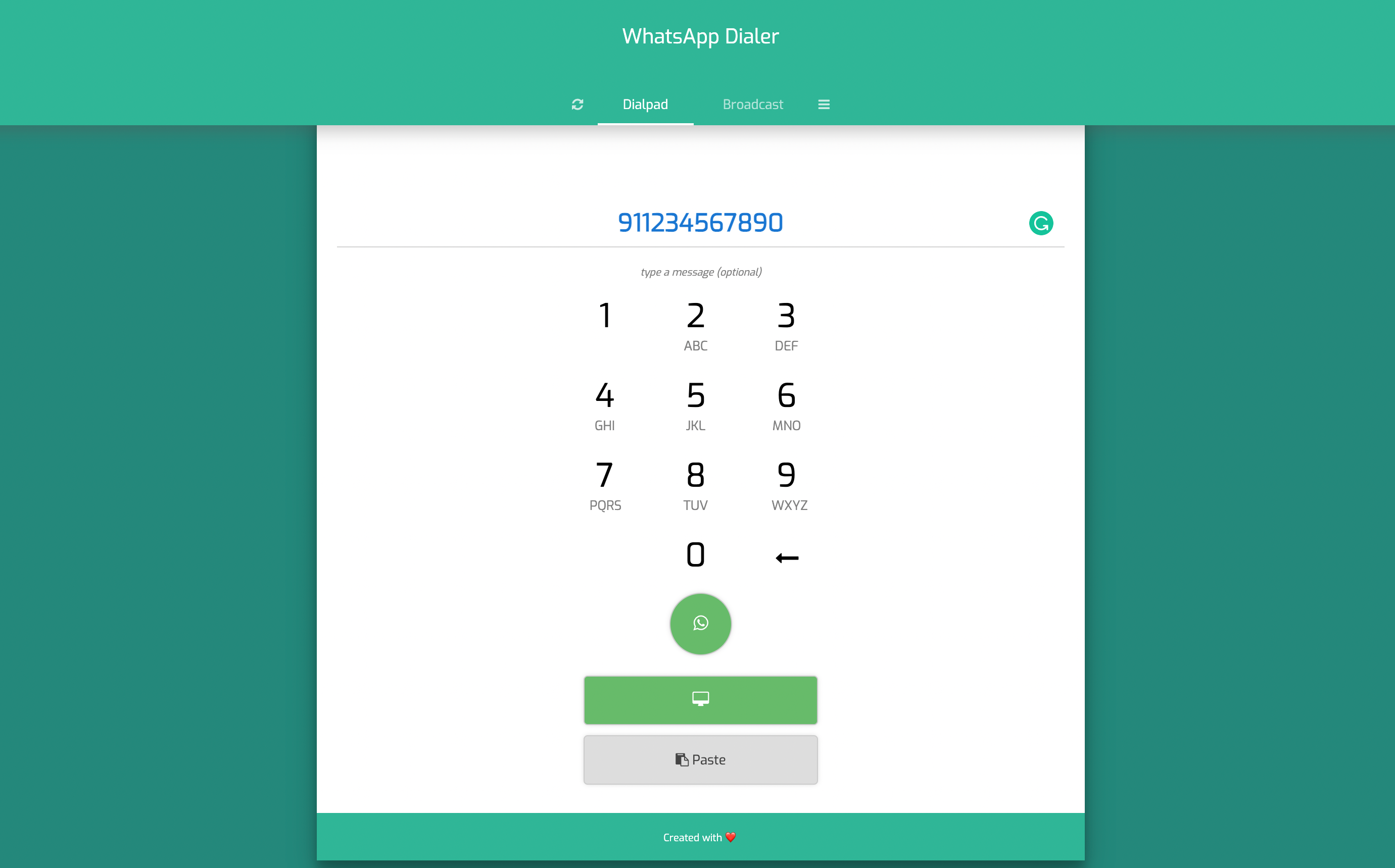 screenshot of whats app dialer website