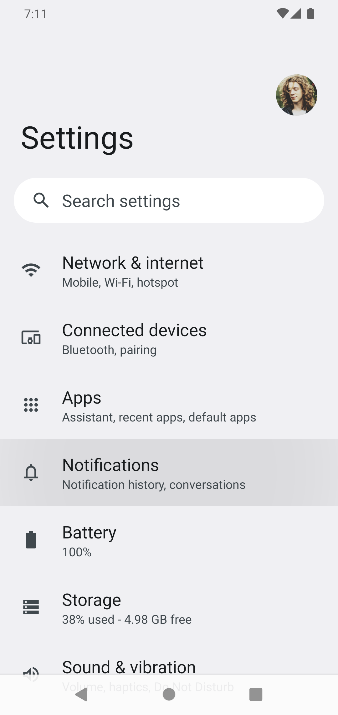 Settings menu on an Android phone.