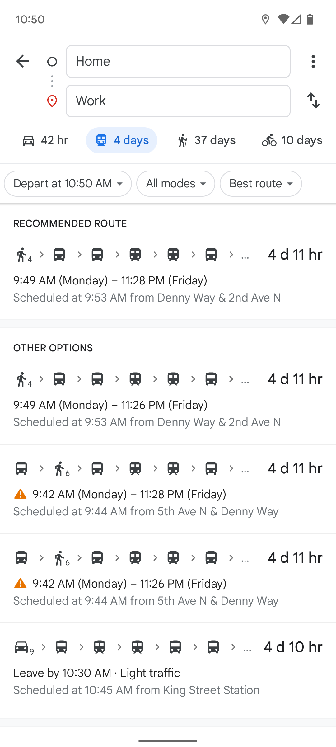 The Google Maps mobile app destination screen showing public transport option.