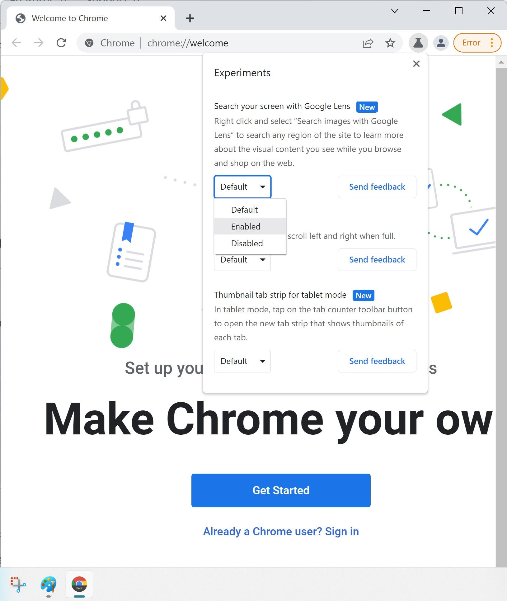 Selecting experimental features on the welcome page in Google Chrome Beta