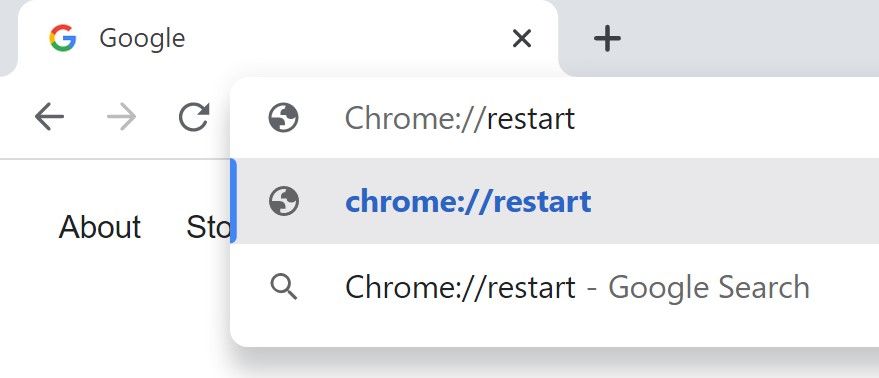 The Chrome restart command being typed into Google Chrome's Omnibus