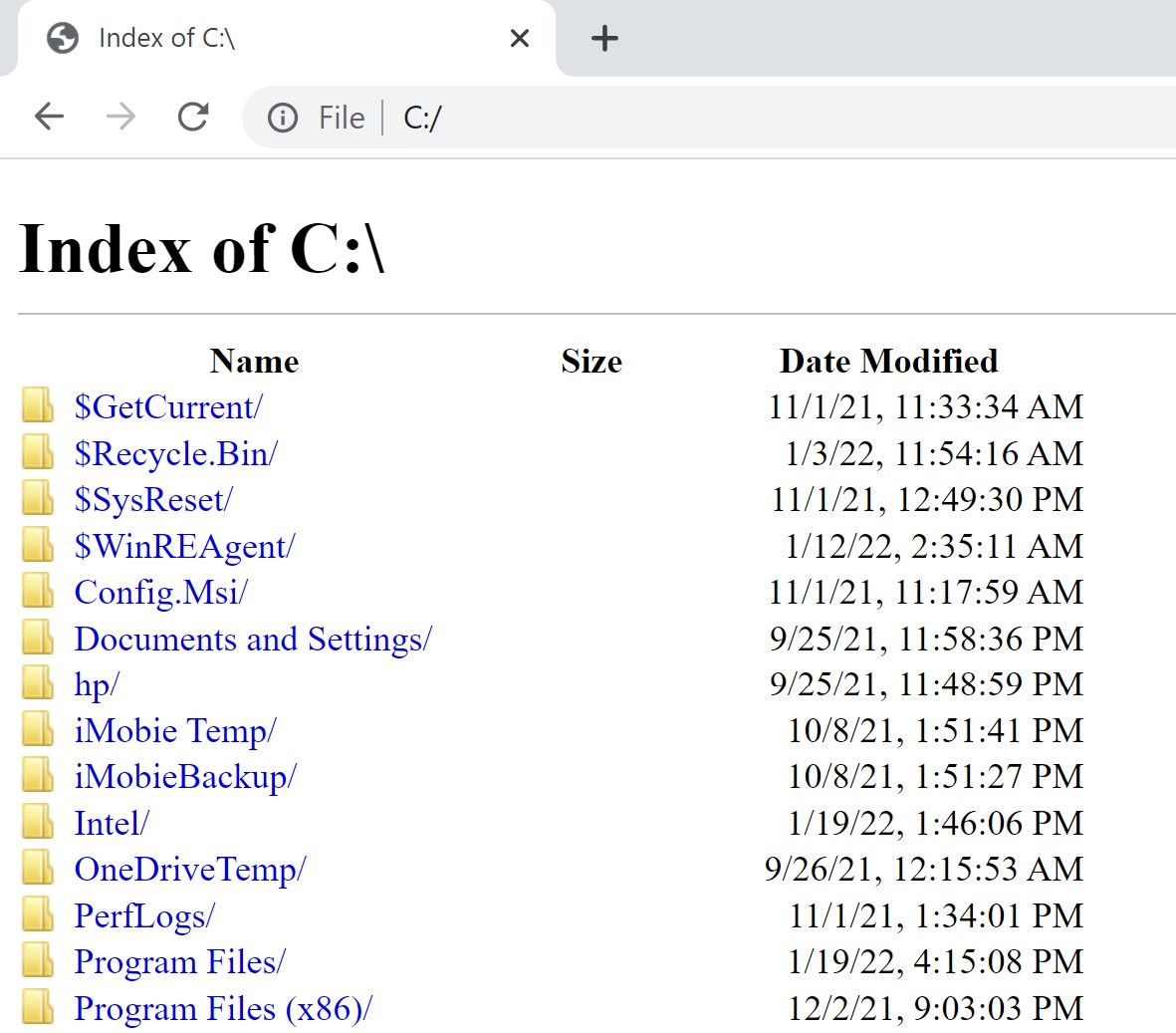 The index of C:\ file directory in Google Chrome