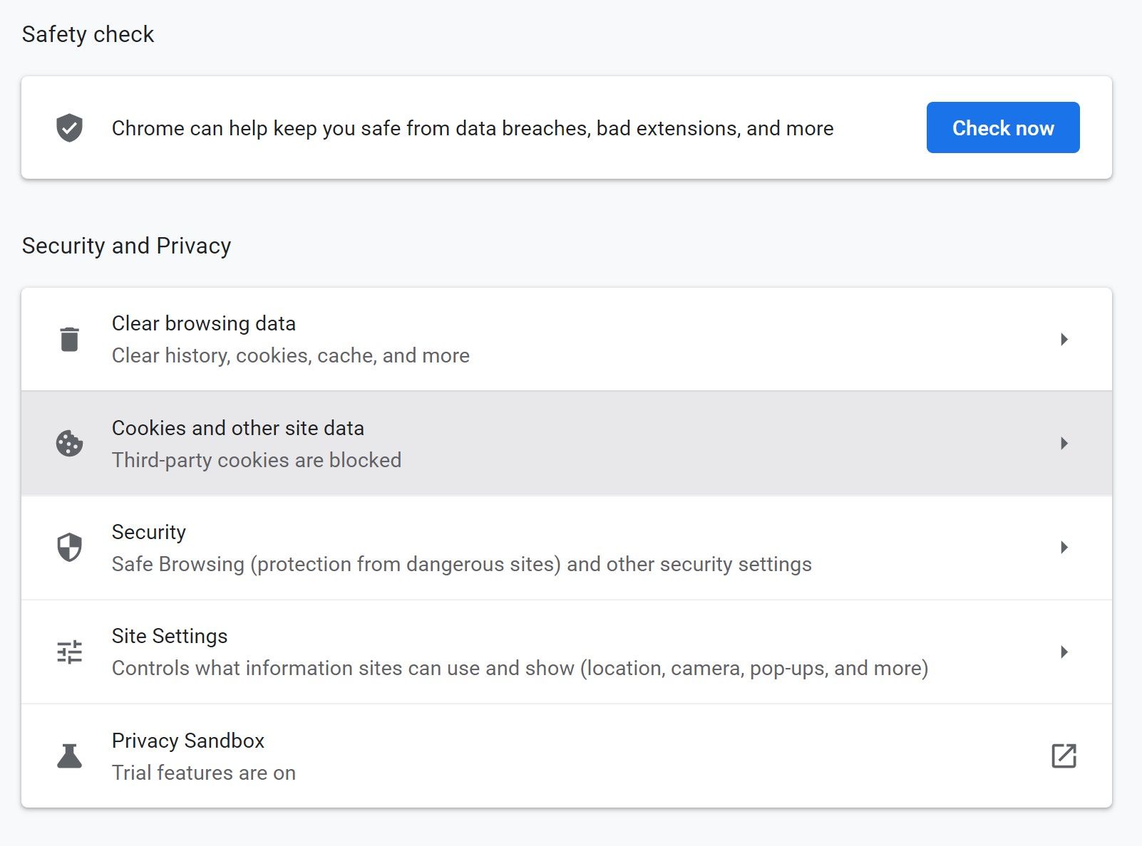 Security and Privacy settings in Google Chrome with the Cookies and other site data option highlighted