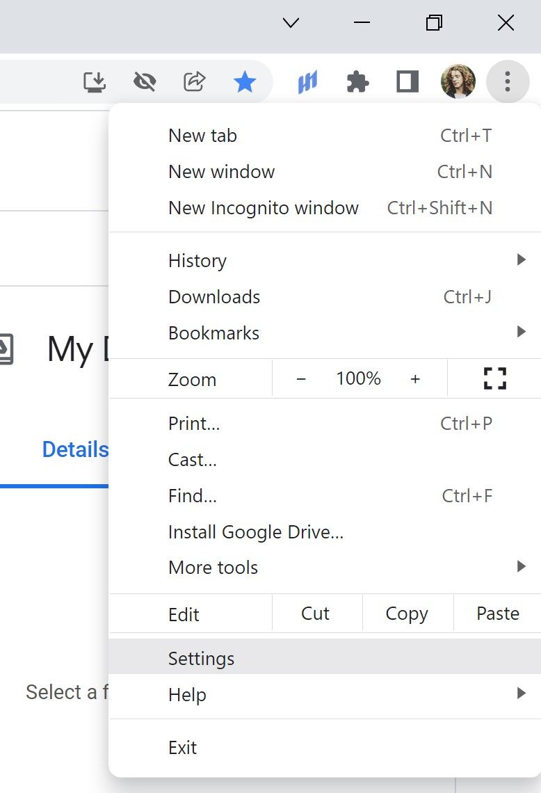 The three dots menu at the top right of Google Chrome expanded with the Settings option highlighted