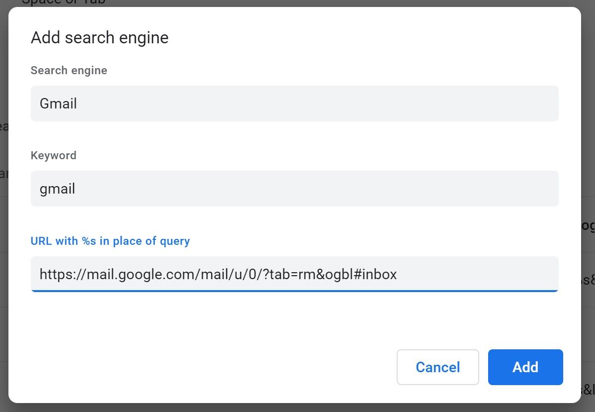 The Add search engine dialog box creating a Gmail search engine