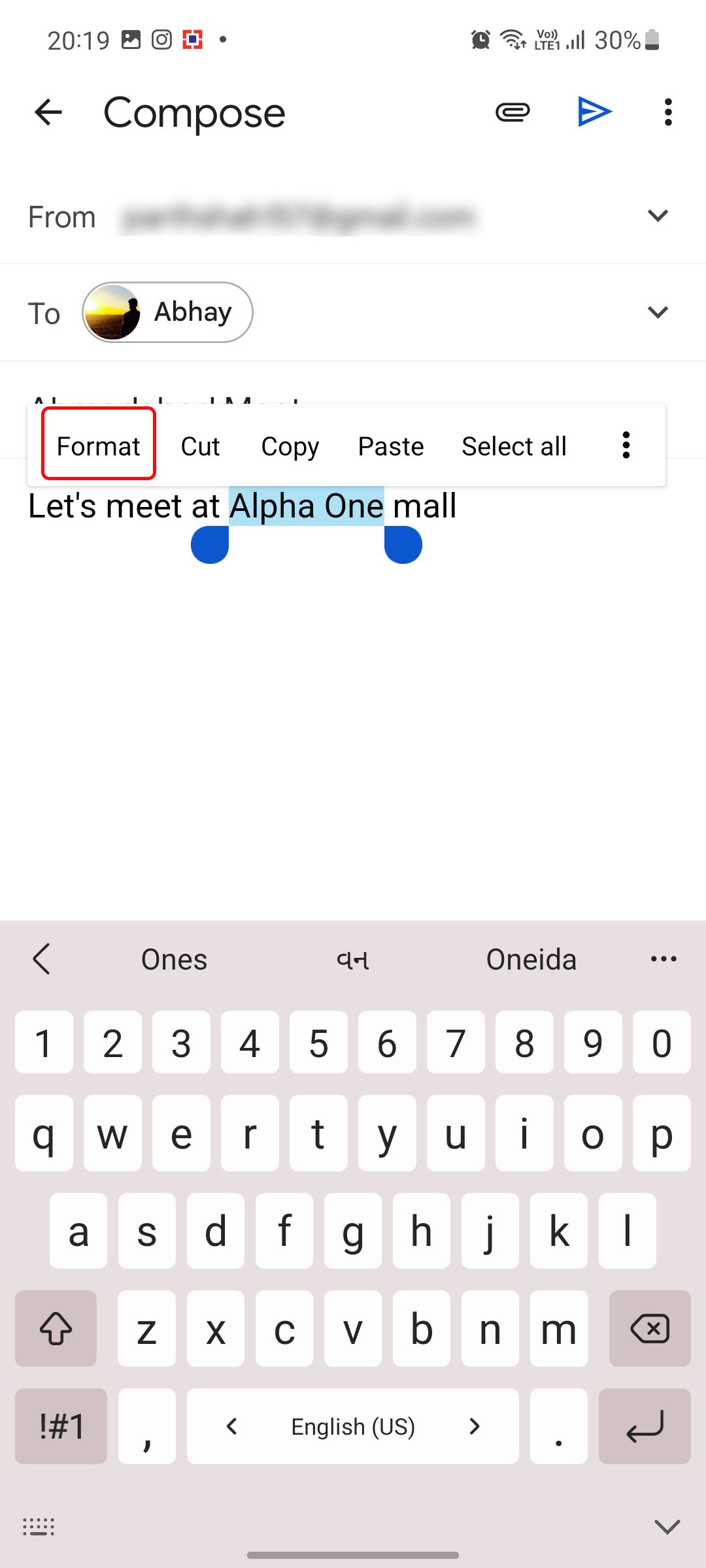 Select the text you want to format in the Gmail Compose window.