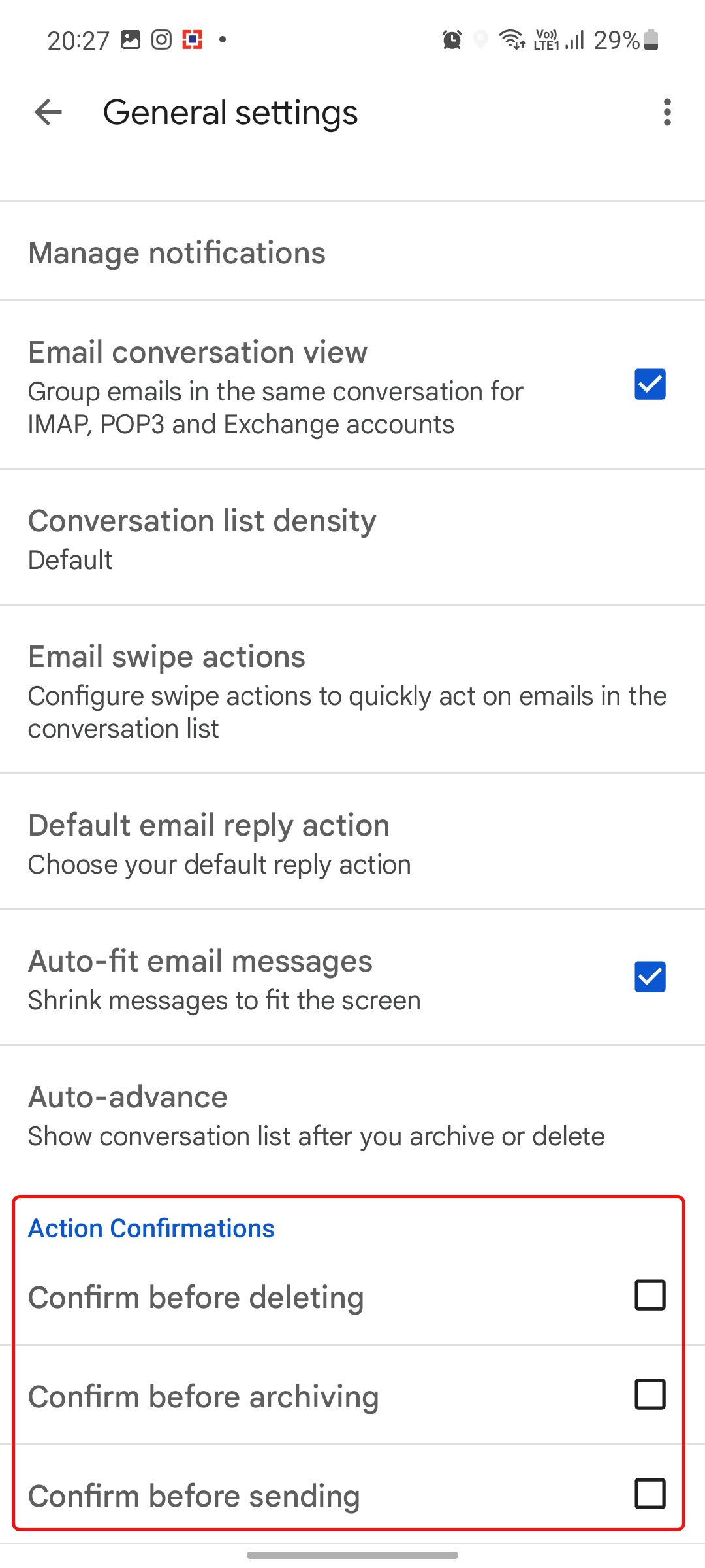 The available Gmail action confirmations for deleting, archiving, and sending messages.