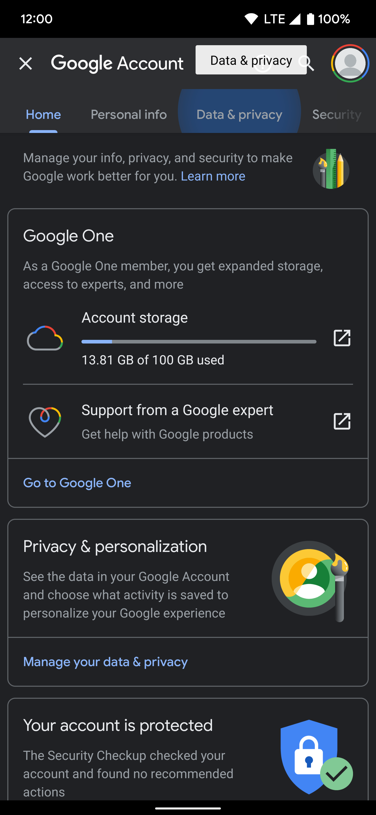 Selecting the "Data & privacy" tab in the Google app.