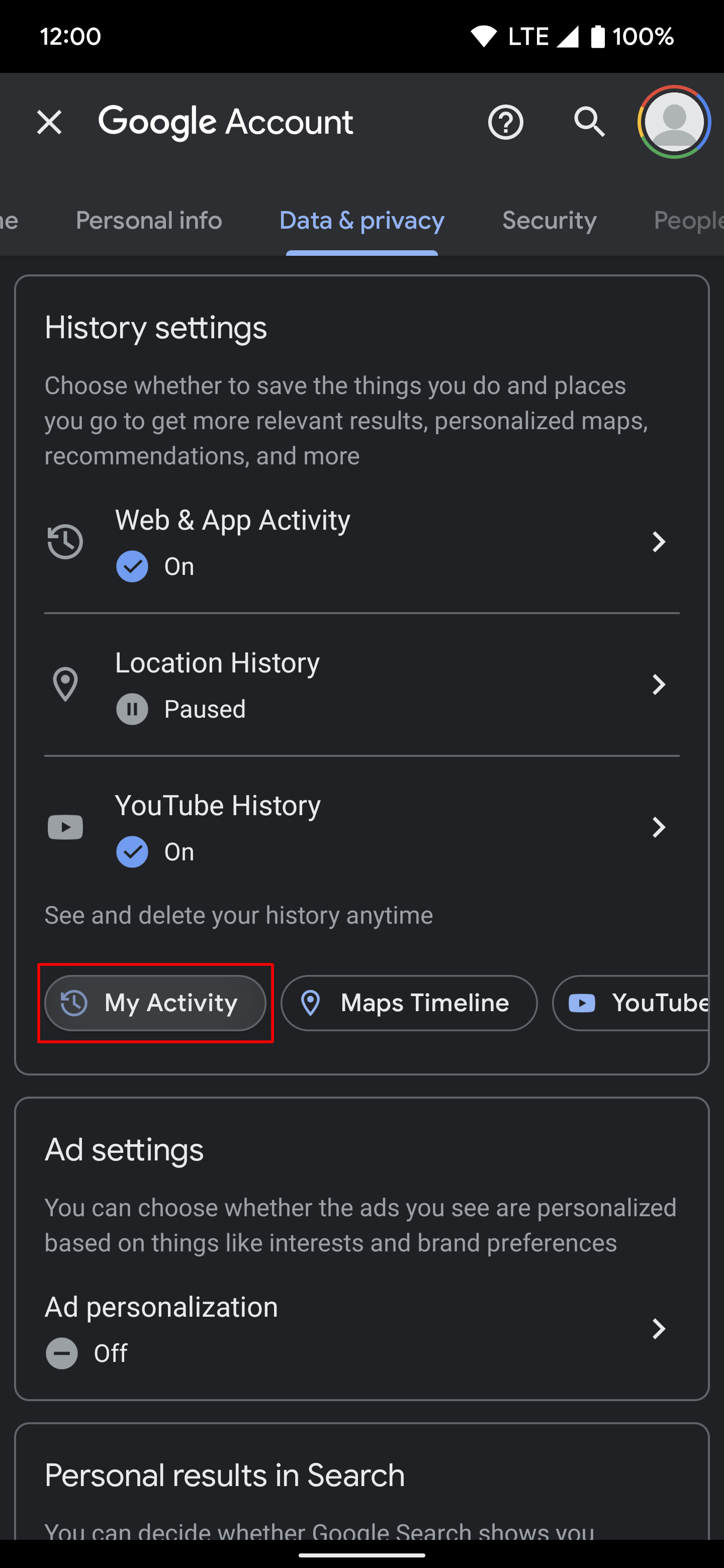 Highlighting the "My Activity" button in the main Google account settings page.