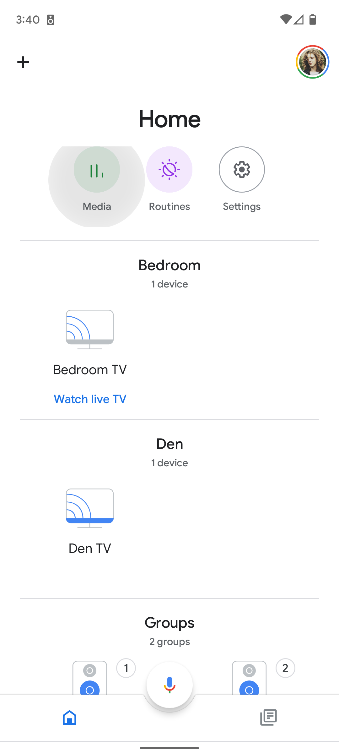 google home app screenshot showing the home screen