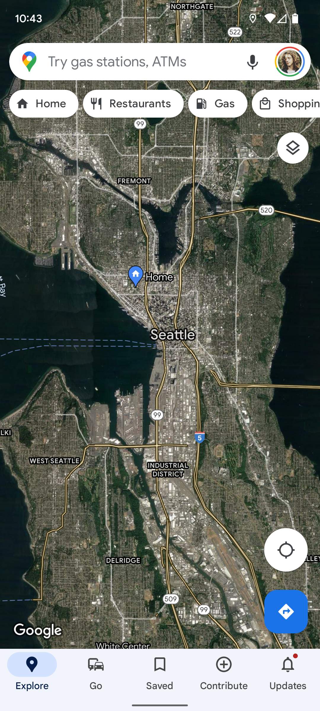 The Google Maps home screen showing Seattle in sattelite view.
