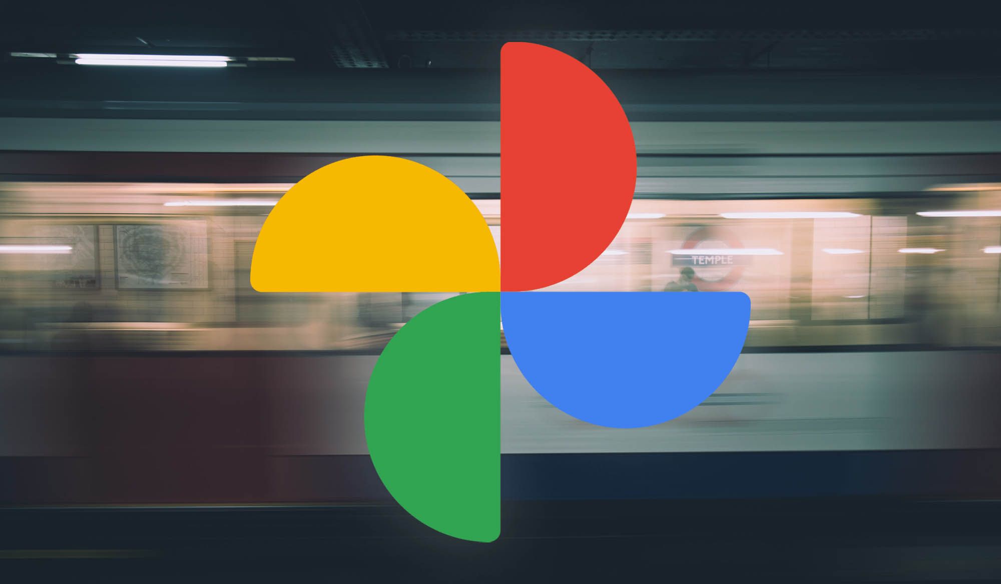 The Google Photos logo over a blurred image of a moving object