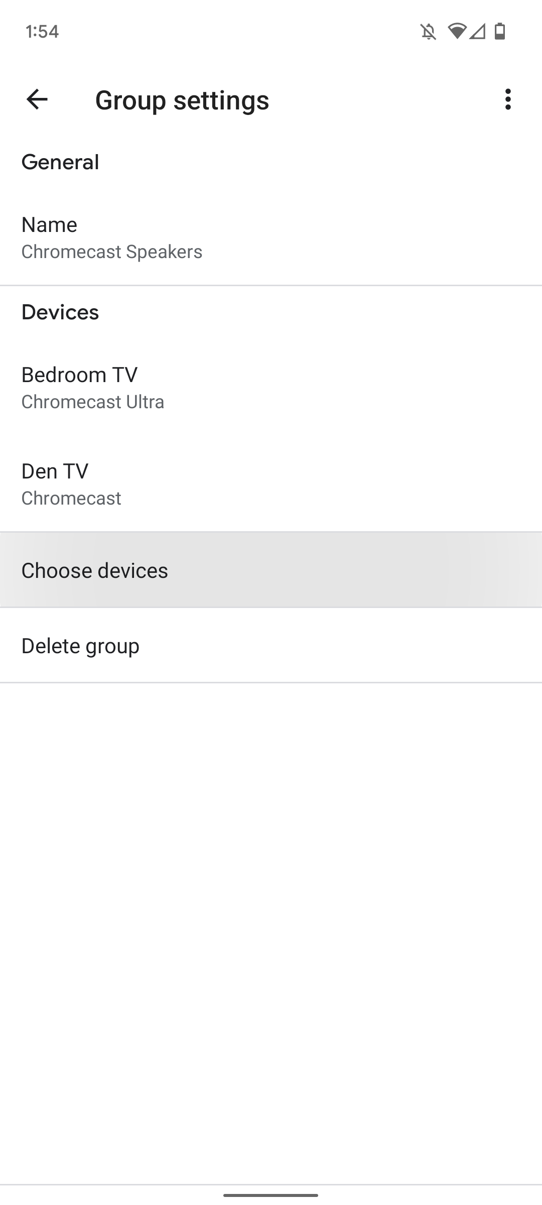 google home app screenshot showing different settings for a speaker group