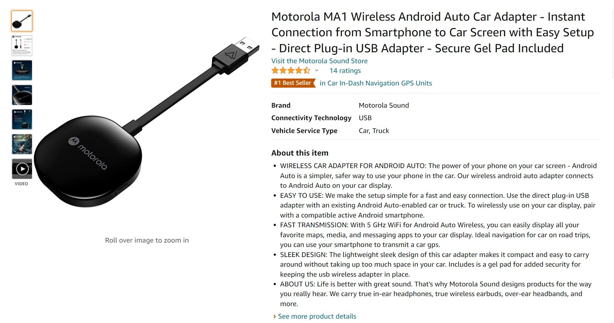 Motorola MA1 Wireless Android Auto Car Adapter Dongle New