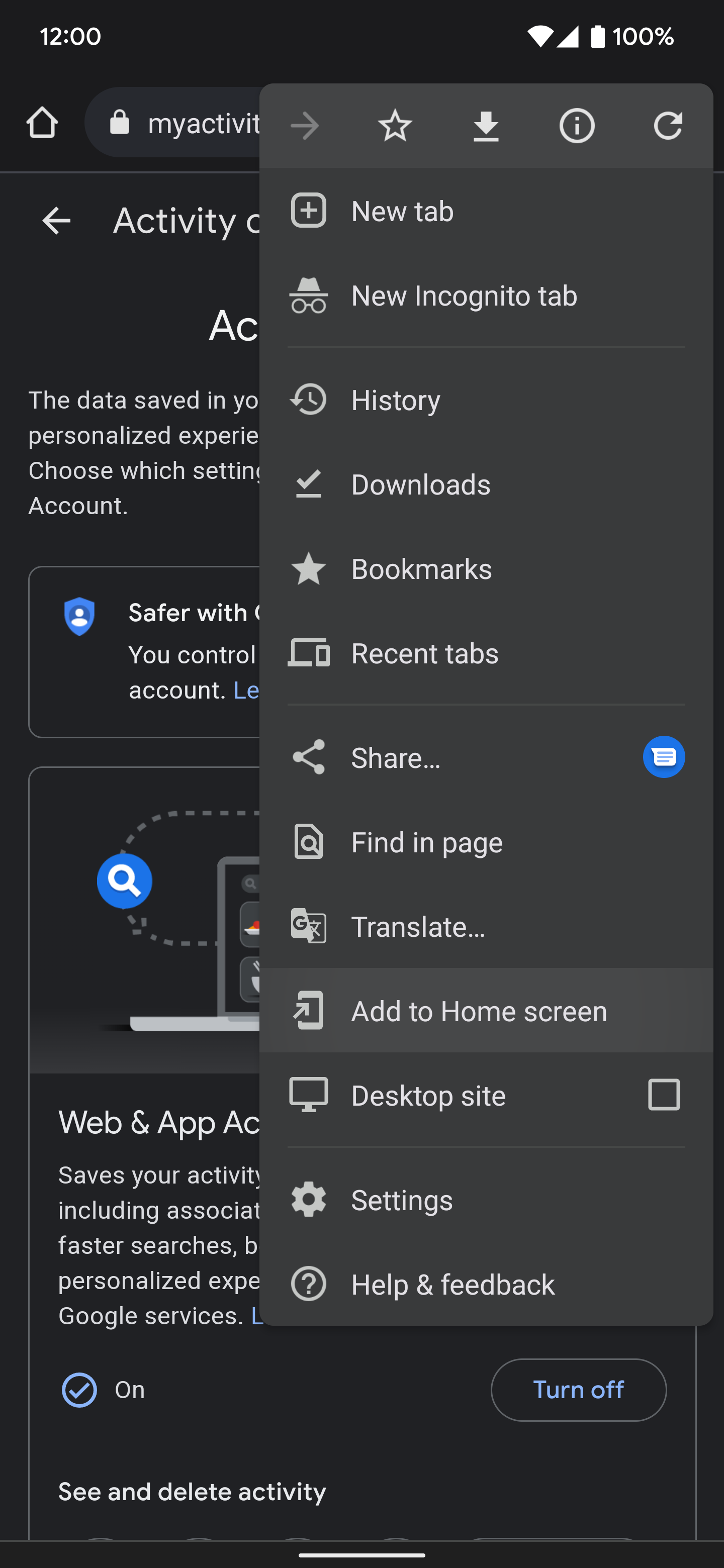 Selecting the "Add to Home screen" option in the Google Chrome browser menu.