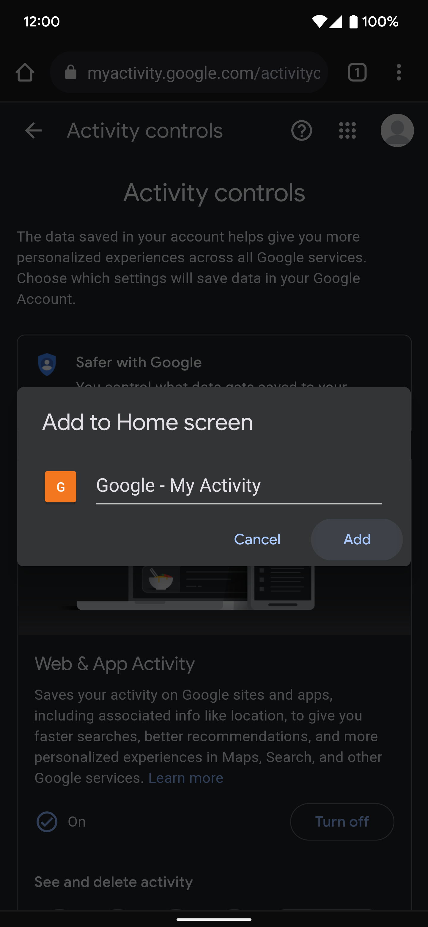 Selecting the "Add" button for the "My Activity" home screen shortcut.