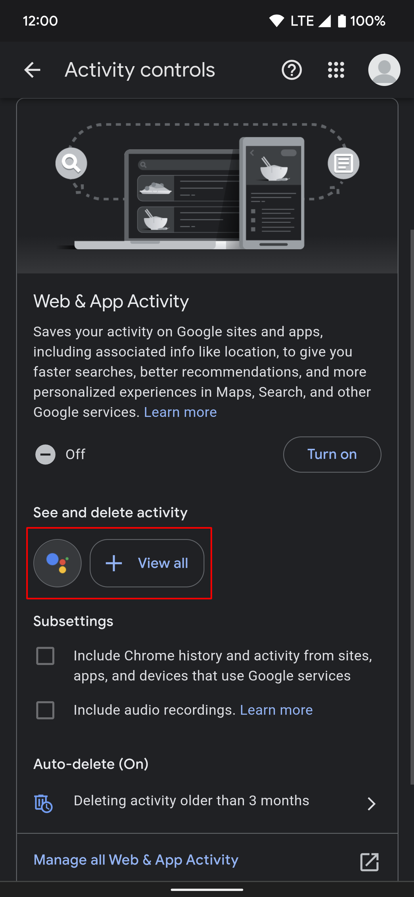 Highlighting the "View all" button on the "Web & App Activity" page to see all services and activities.