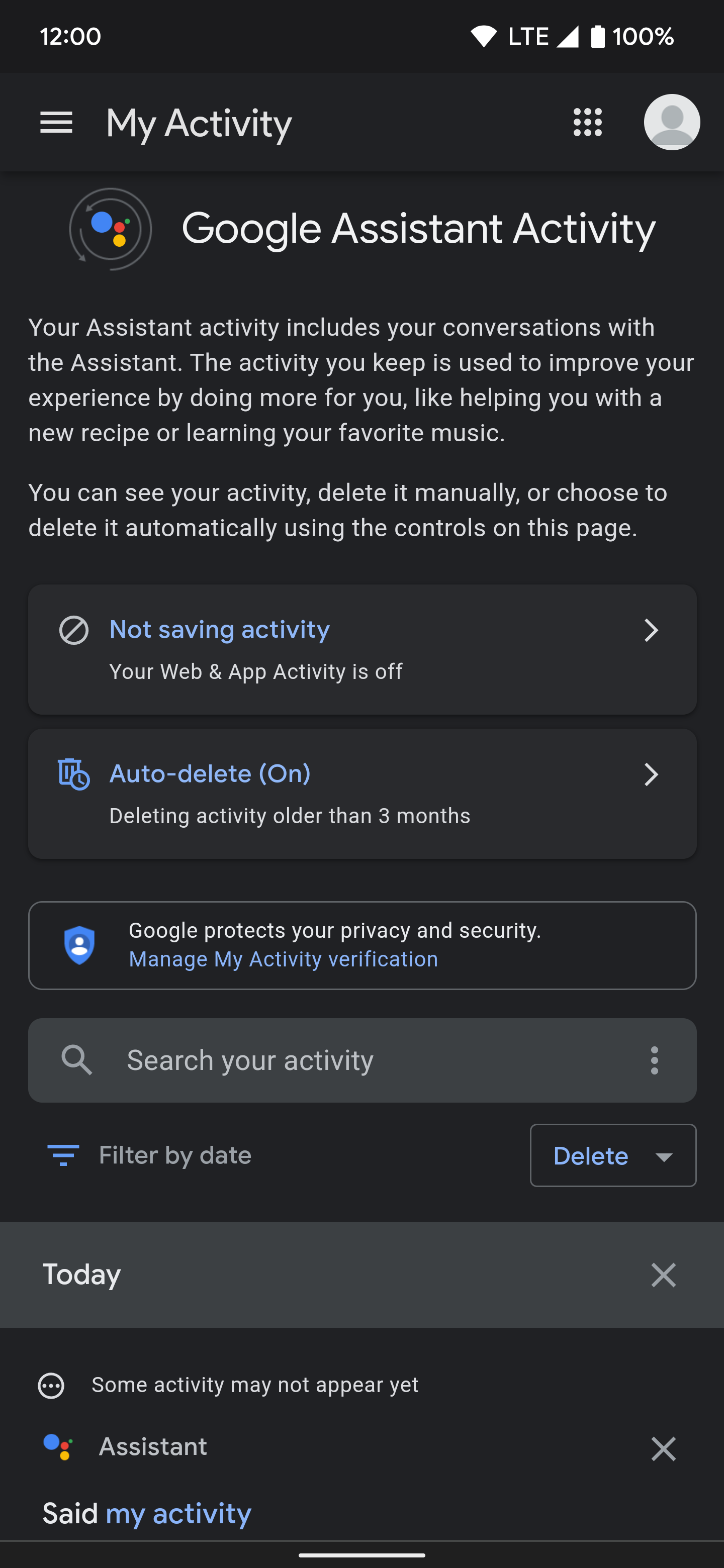 Showing an example of what the "Google Assistant Activity" page looks like on a Google account.