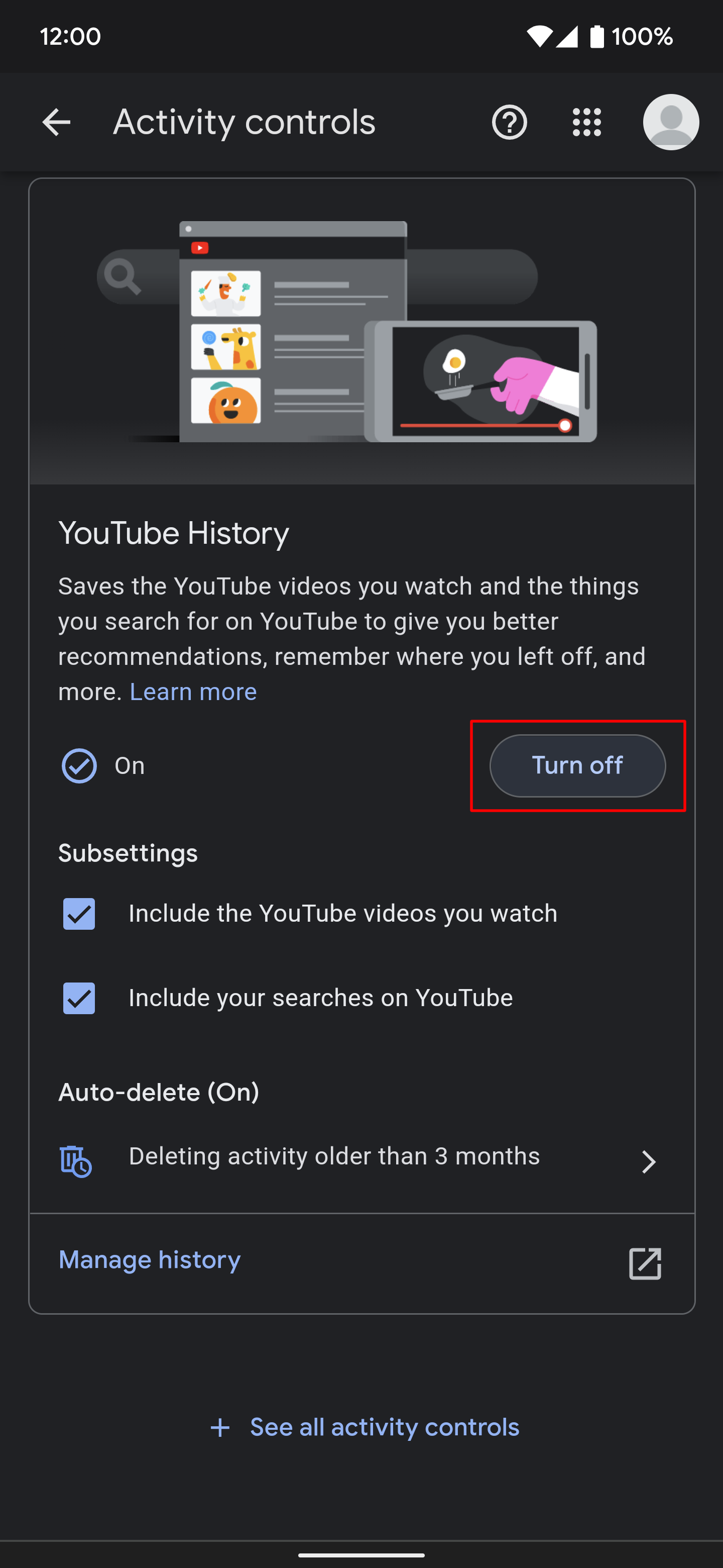 Turning off the "YouTube History" feature on a Google Account using the "My Activity" page.