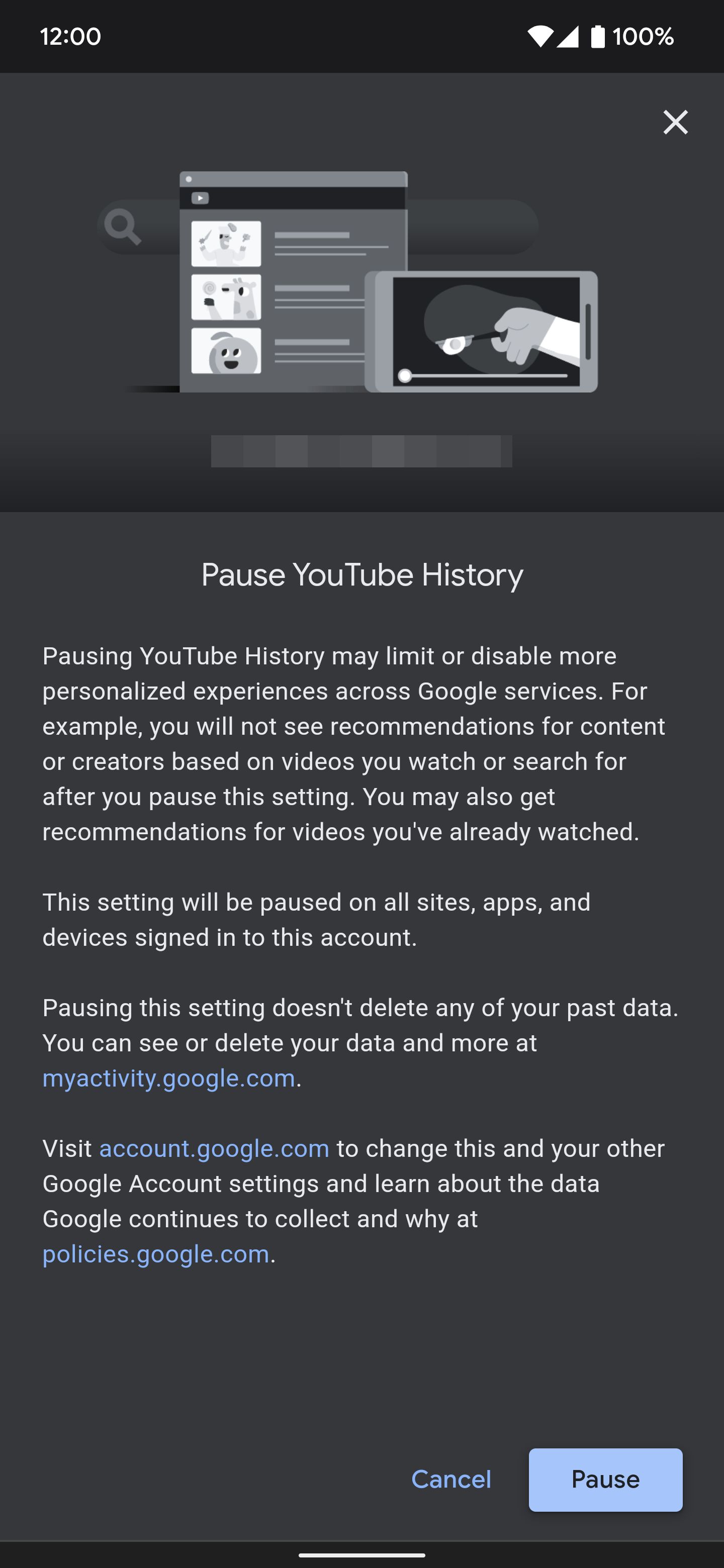 This is the screen that pops up right before turning off the YouTube History feature on a Google account.