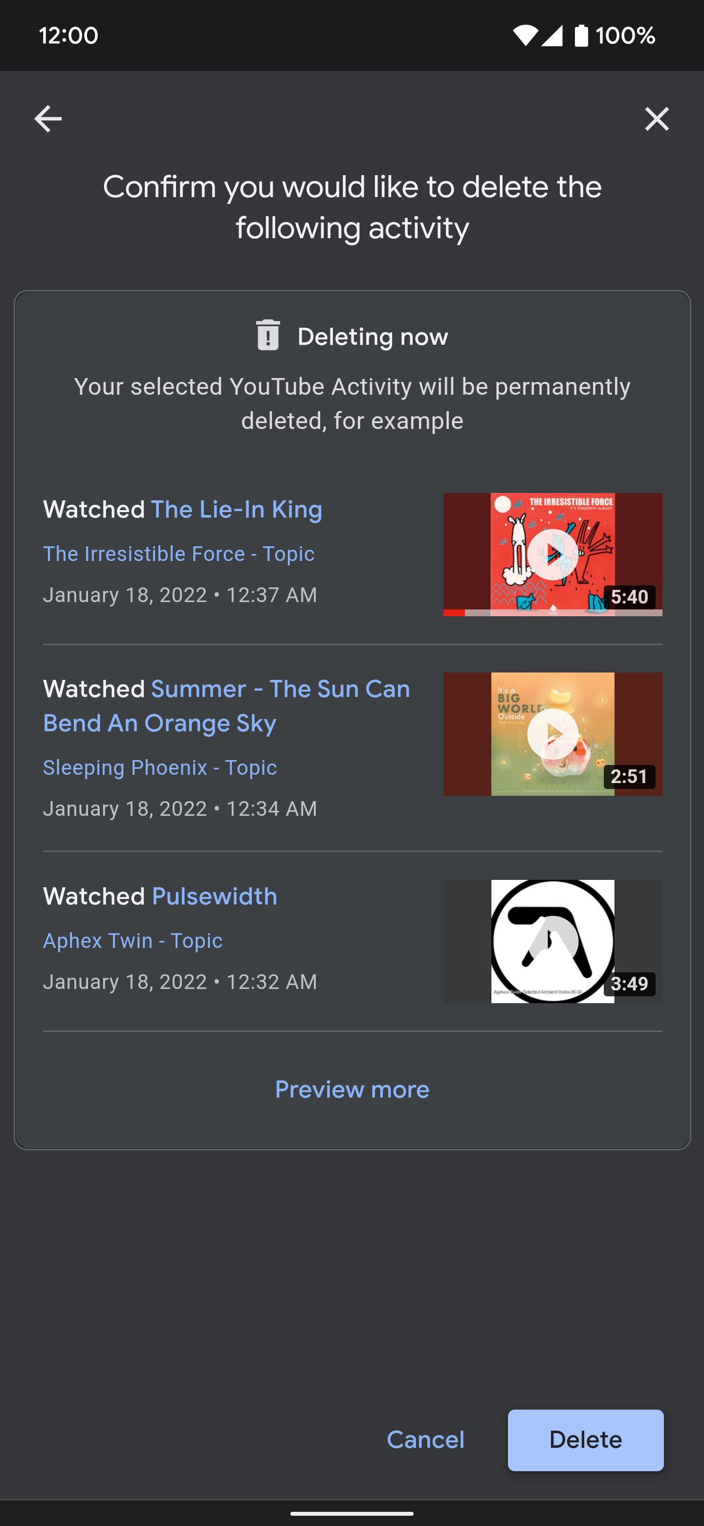 Showing which YouTube Activity content will be deleted when selecting the "All time" option.