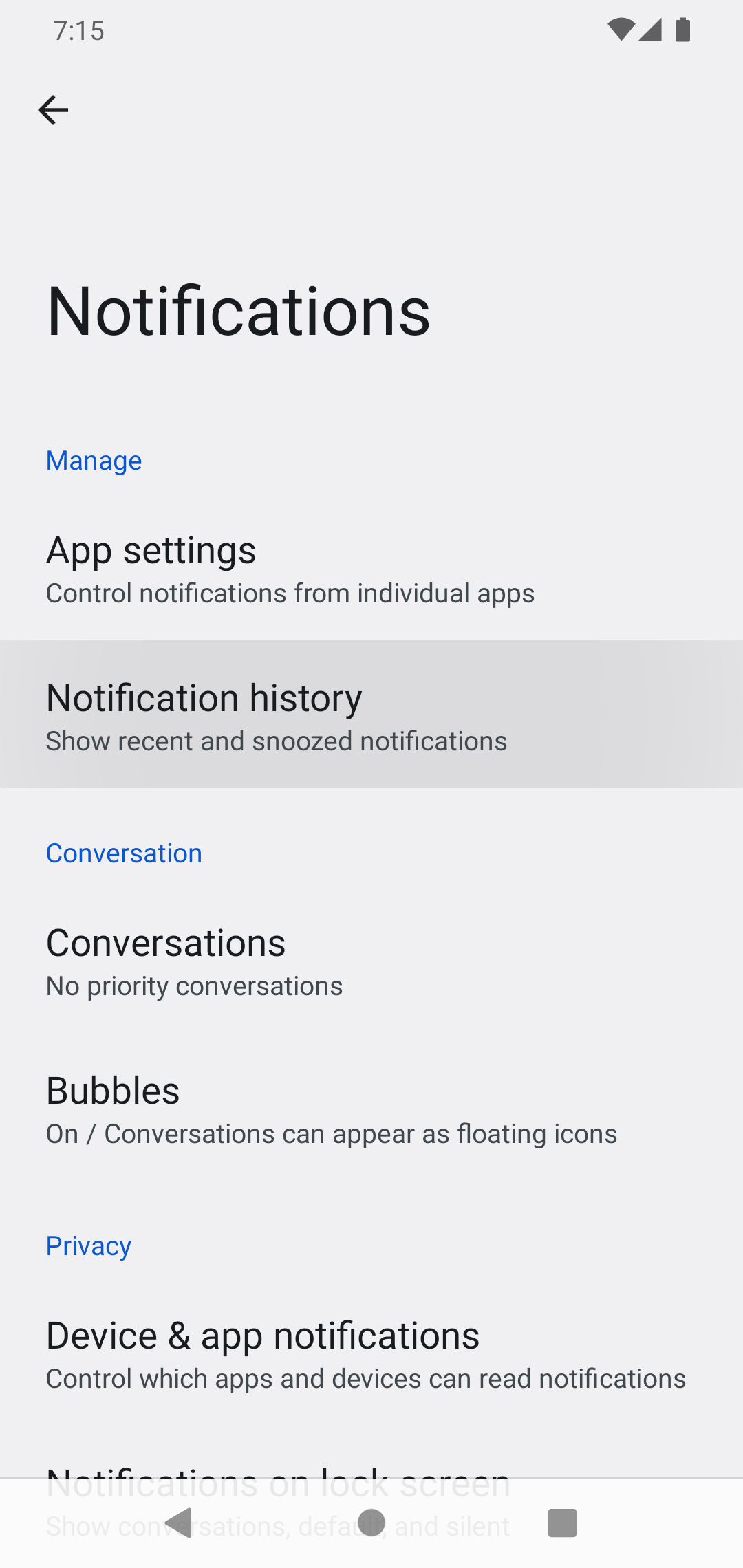 Notification history shown on an app on Android.