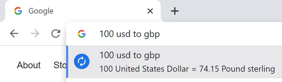 Google Chrome's Omnibox converting 100 US dollars to Great British Pounds