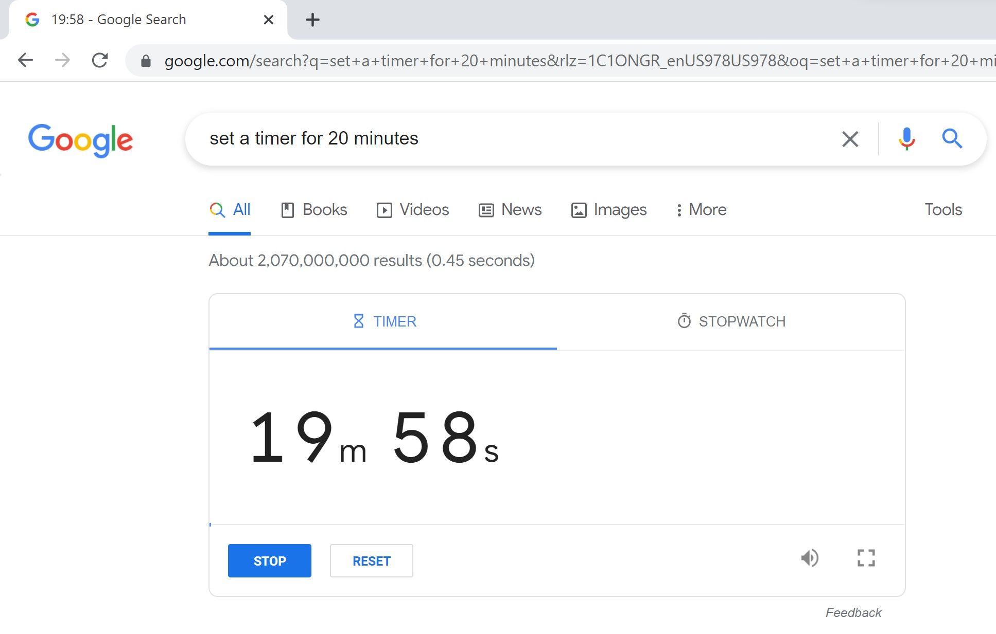 A twenty minute timer in Google Chrome that is counting down and is currently at nineteen minutes and fifty-eight seconds