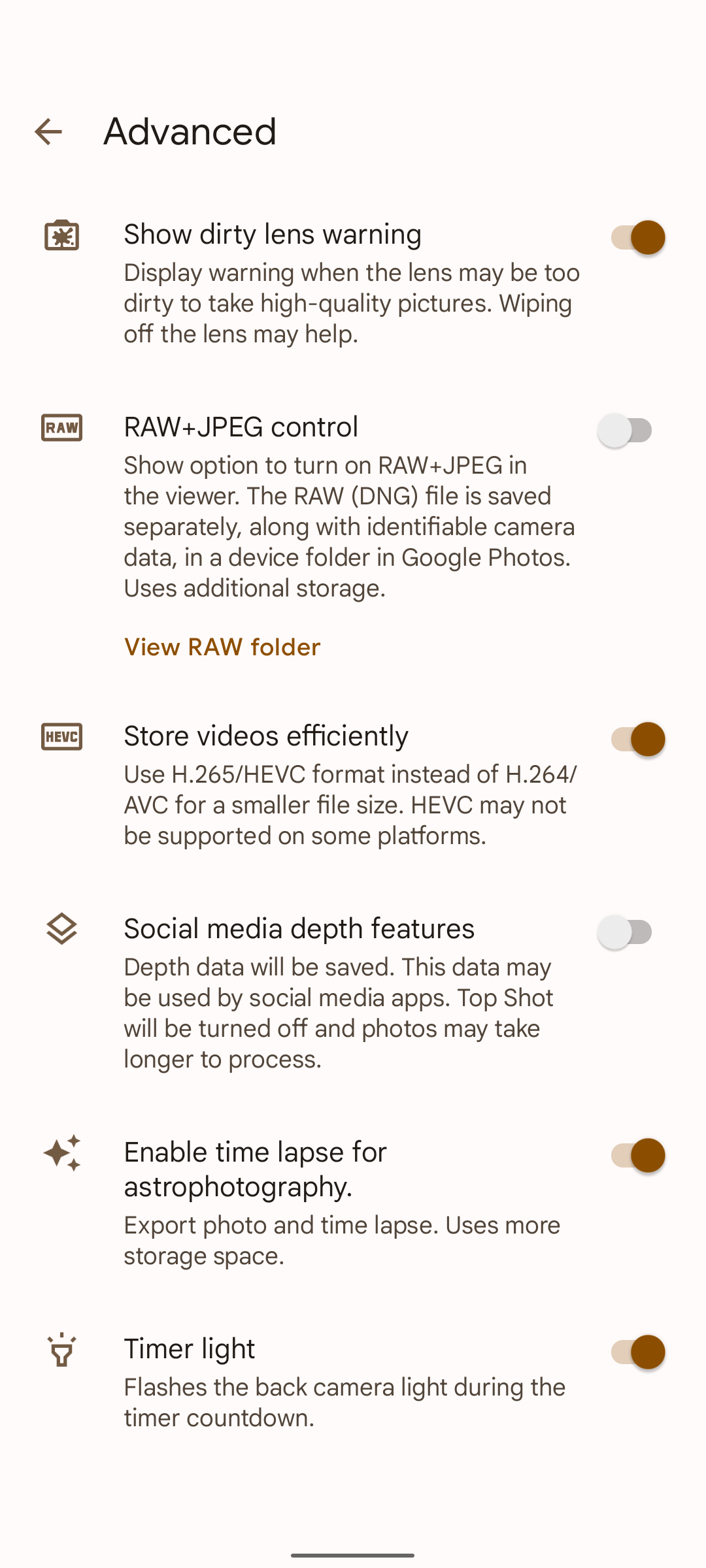 Screenshot of Google Pixel smartphone camera app advanced settings