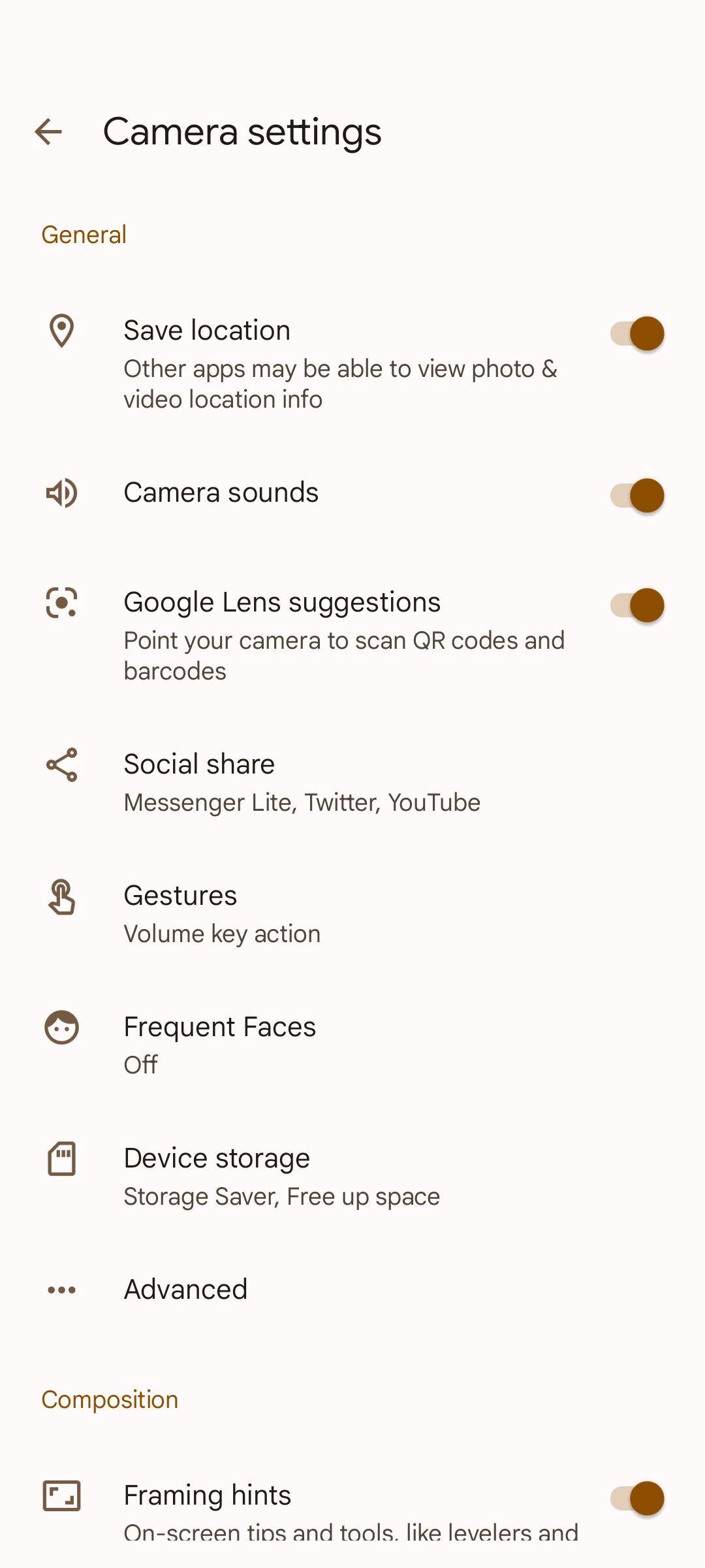 Screenshot of Google Pixel smartphone camera app settings