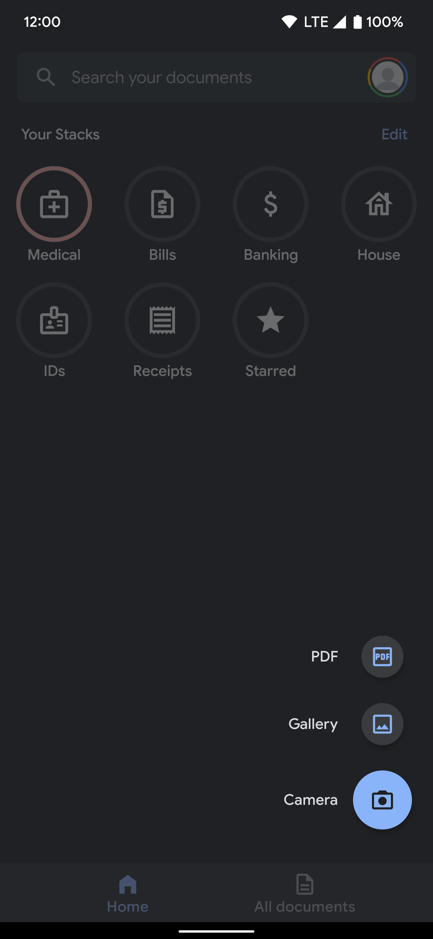 Choose between PDF, Gallery, or Camera for the scan.
