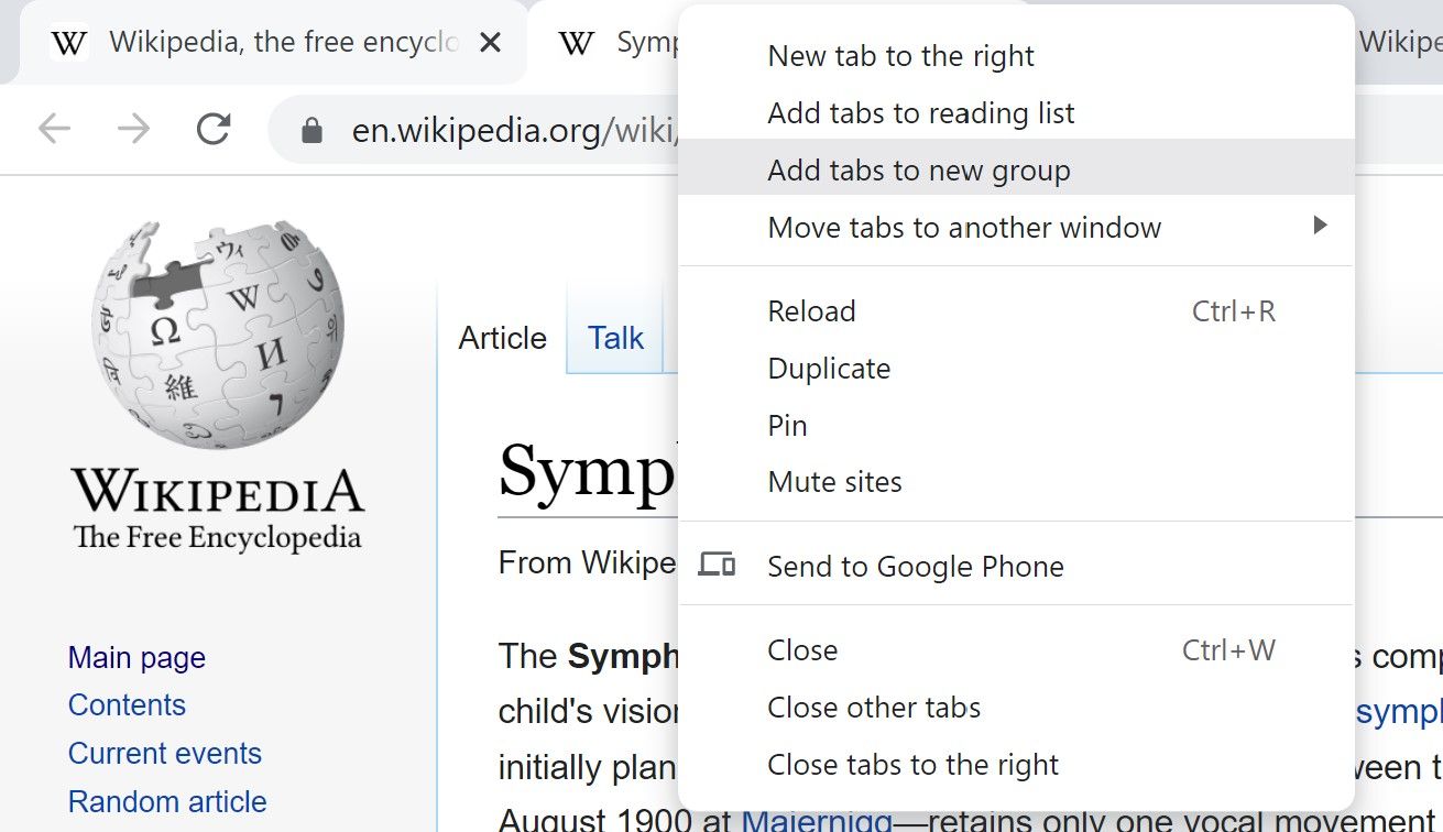 The right-click menu on a tab with other tabs selected and the Add tabs to new group option highlighted in Google Chrome