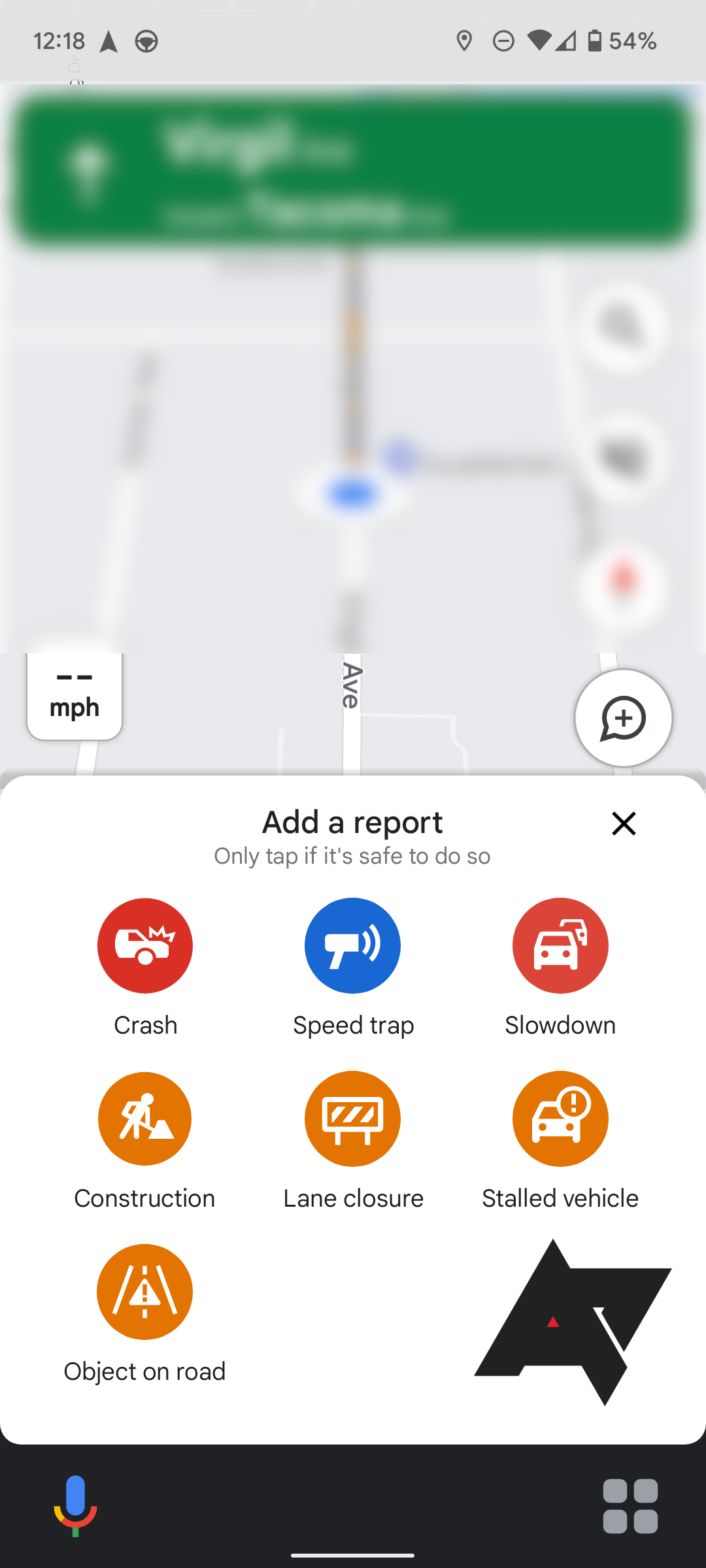 A screenshot of Android Auto's incident reporting