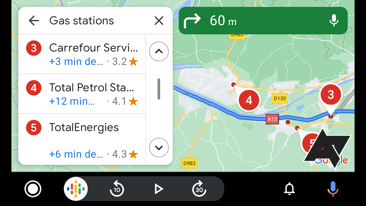 A screenshot of Android Auto showing the gas station search