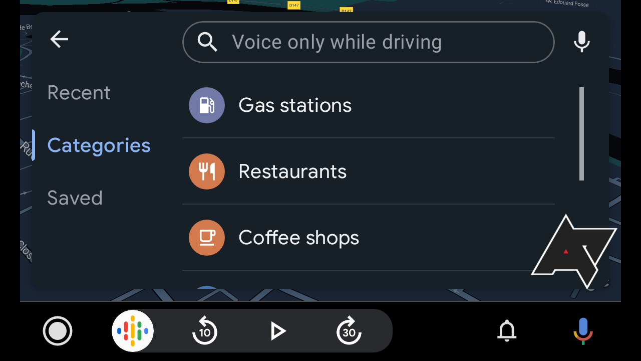 A screenshot of Android auto showing the category lookup