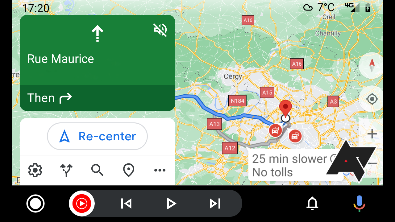 A screenshot of Android Auto showing the route guidance