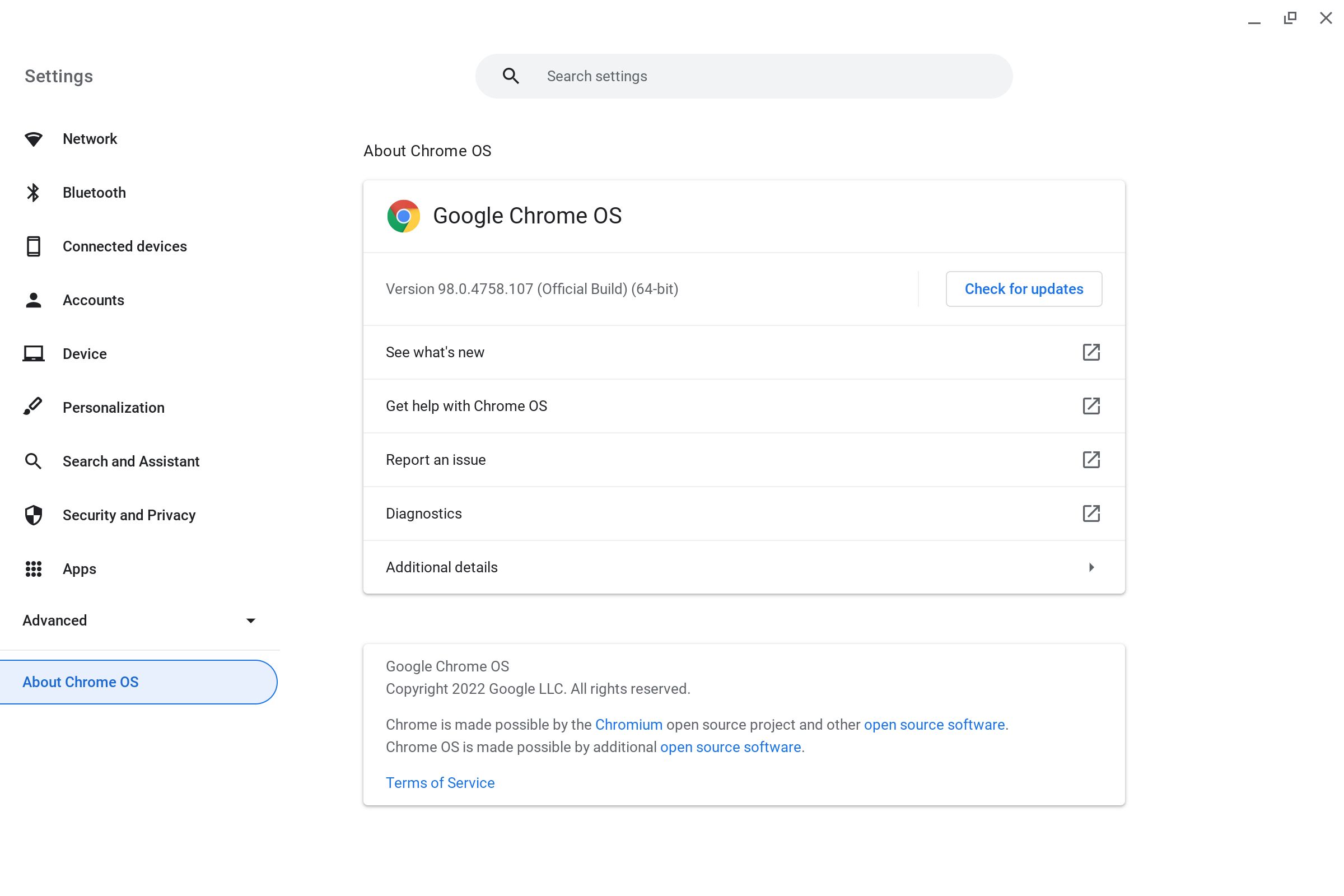 Screenshot of the ChromeOS Settings screen. 