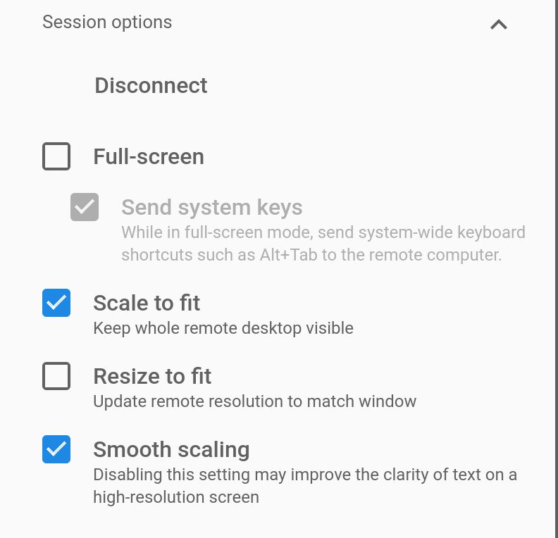 Chrome Remote Desktop Session options