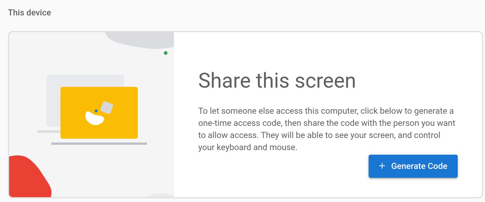 The Share this screen box on the Chrome Remote Desktop website