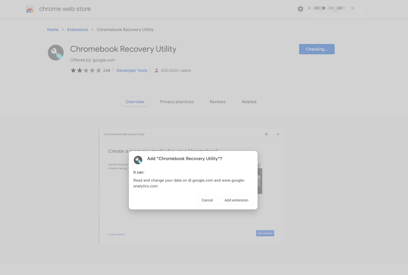 An image of the Chromebook recovery utility extension.