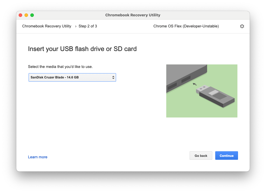 The Insert your USB flash drive or SD card dialog box in the Chromebook Recovery Utility