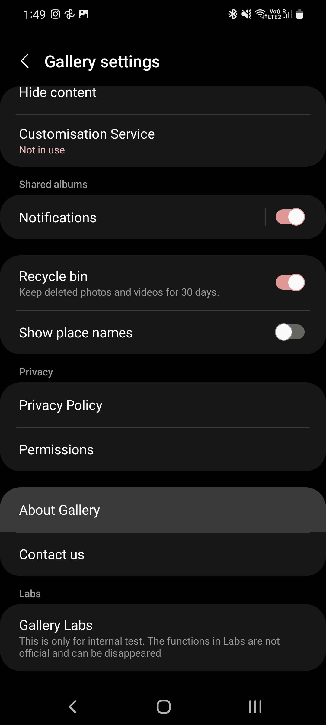 The Samsung Gallery app settings page with the Gallery Labs option enabled