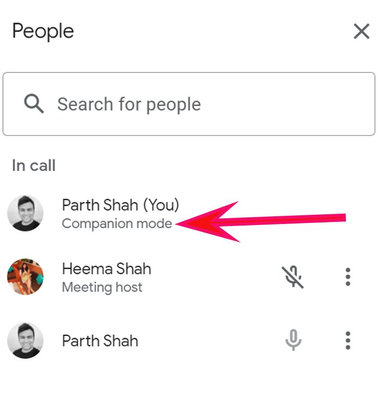A list of people in a Google Meet meeting showing one participant using companions mode