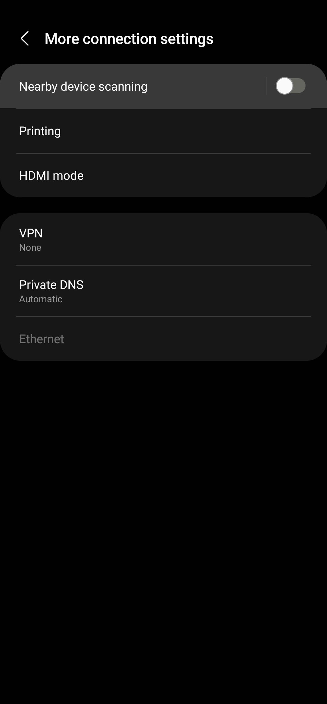 Screenshot showing how to disable Nearby Device Scanning on Samsung